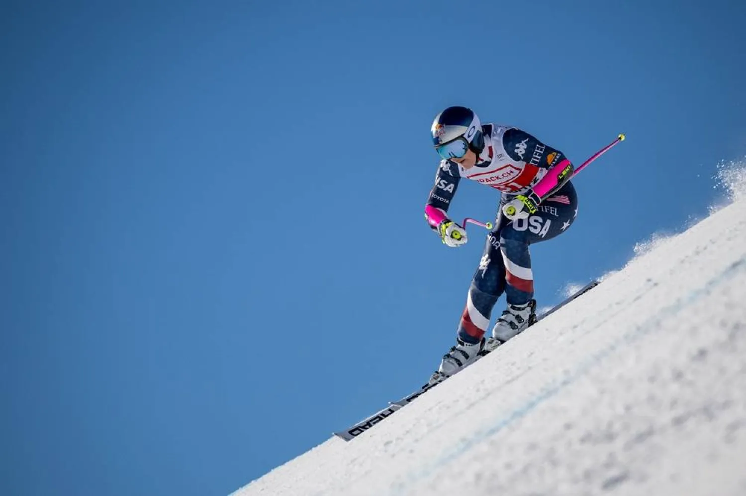  US' Lindsey Vonn competes in the Women's Super-G race as part of the FIS Alpine ski World Cup 2024-2025, in St. Moritz on December 21, 2024. (AFP)