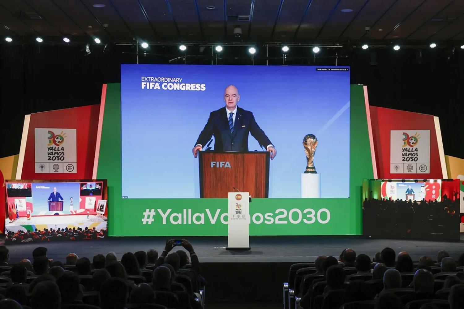 A screen shows FIFA President Gianni Infantino during an event where the Extraordinary FIFA Congress 2024 in Zurich was live broadcasted in Las Rozas, Madrid, Spain, 11 December 2024. (EPA) 
