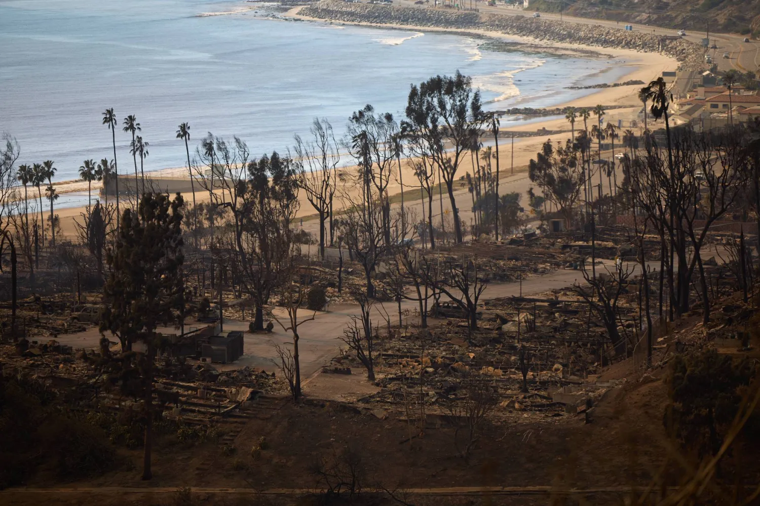 منظر لبقايا المنازل المدمرة بسبب حريق الغابات في حي باليساديس في باسيفيك باليساديس في لوس أنجليس (إ.ب.أ)
