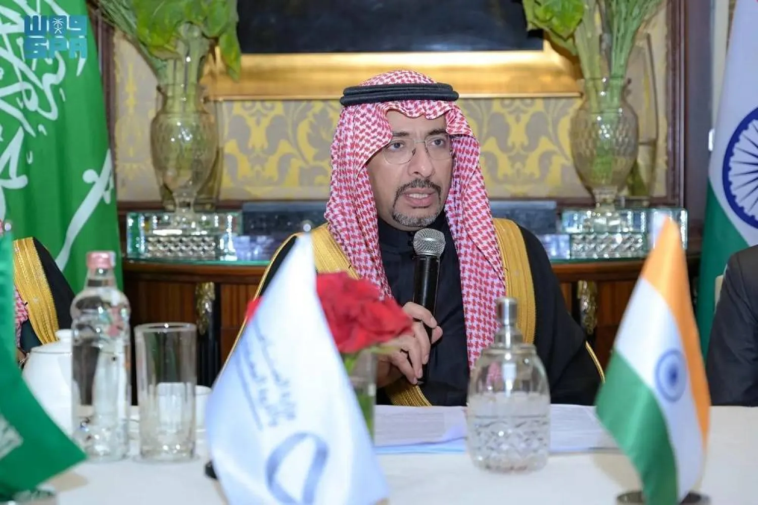 Saudi Minister of Industry and Mineral Resources Bandar Alkhorayef speaks at the roundtable meeting with leaders from India's private sector in New Delhi. (SPA)