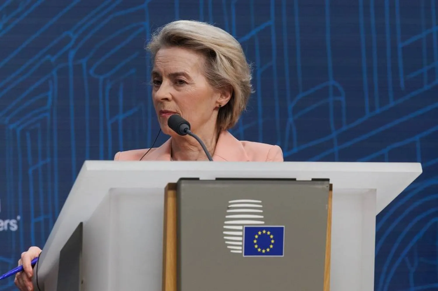 European Commission President Ursula von der Leyen speaks during a press conference with Poland's Prime Minister Donald Tusk and European Council President Antonio Costa during a press conference at NATO Headquarters, in Brussels, Belgium, 03 February 2025. (EPA)