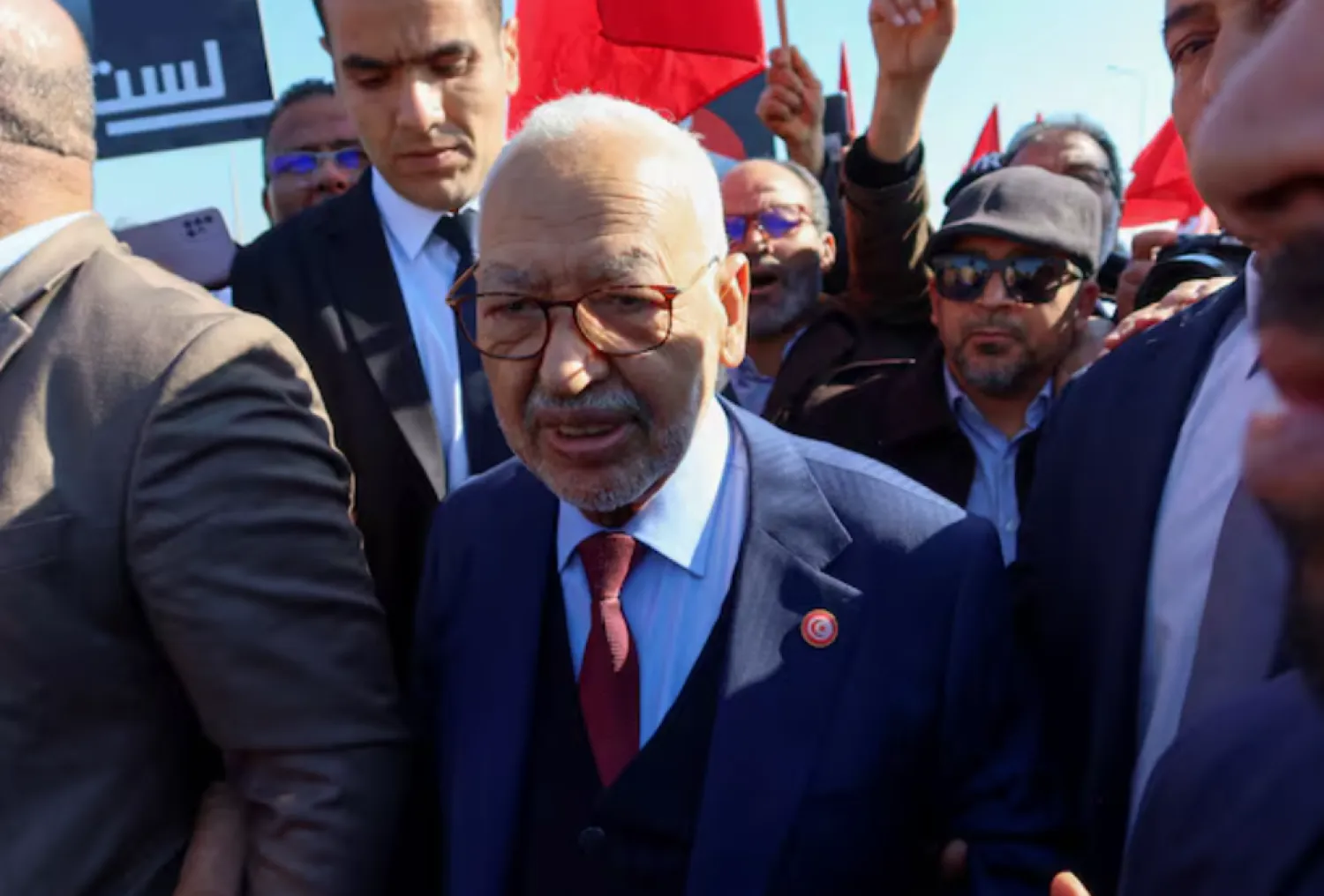 Rached Ghannouchi, head of the Islamist Ennahda party and speaker of an elected parliament that Tunisian President Kais Saied formally dissolved last year, arrives at a court for questioning in Tunis, Tunisia February 21, 2023. REUTERS/Jihed Abidellaoui/File Photo 