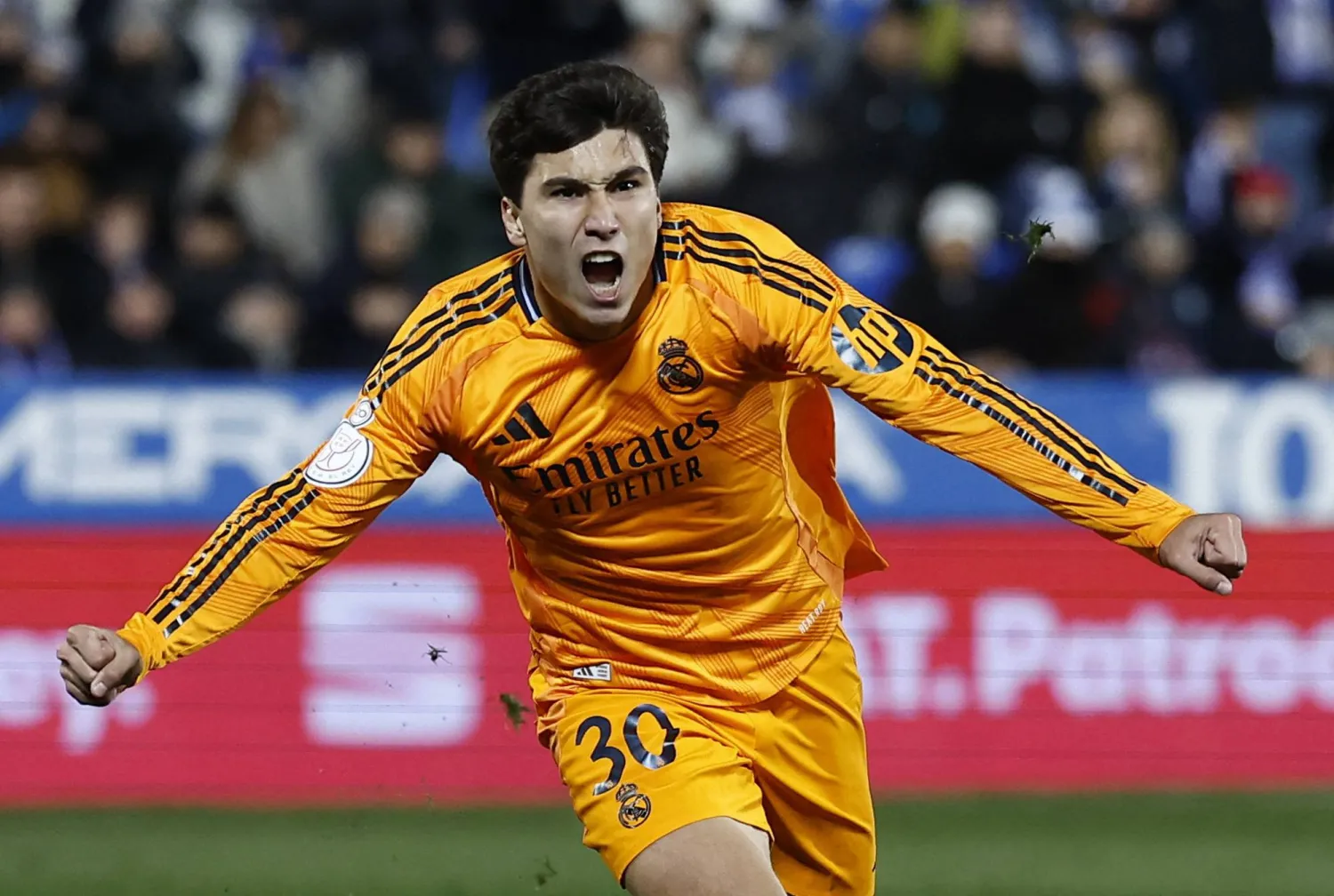 Soccer Football - Copa del Rey - Quarter Final - Leganes v Real Madrid - Estadio Municipal de Butarque, Leganes, Spain - February 5, 2025 Real Madrid's Gonzalo Garcia celebrates scoring their third goal REUTERS/Juan Medina