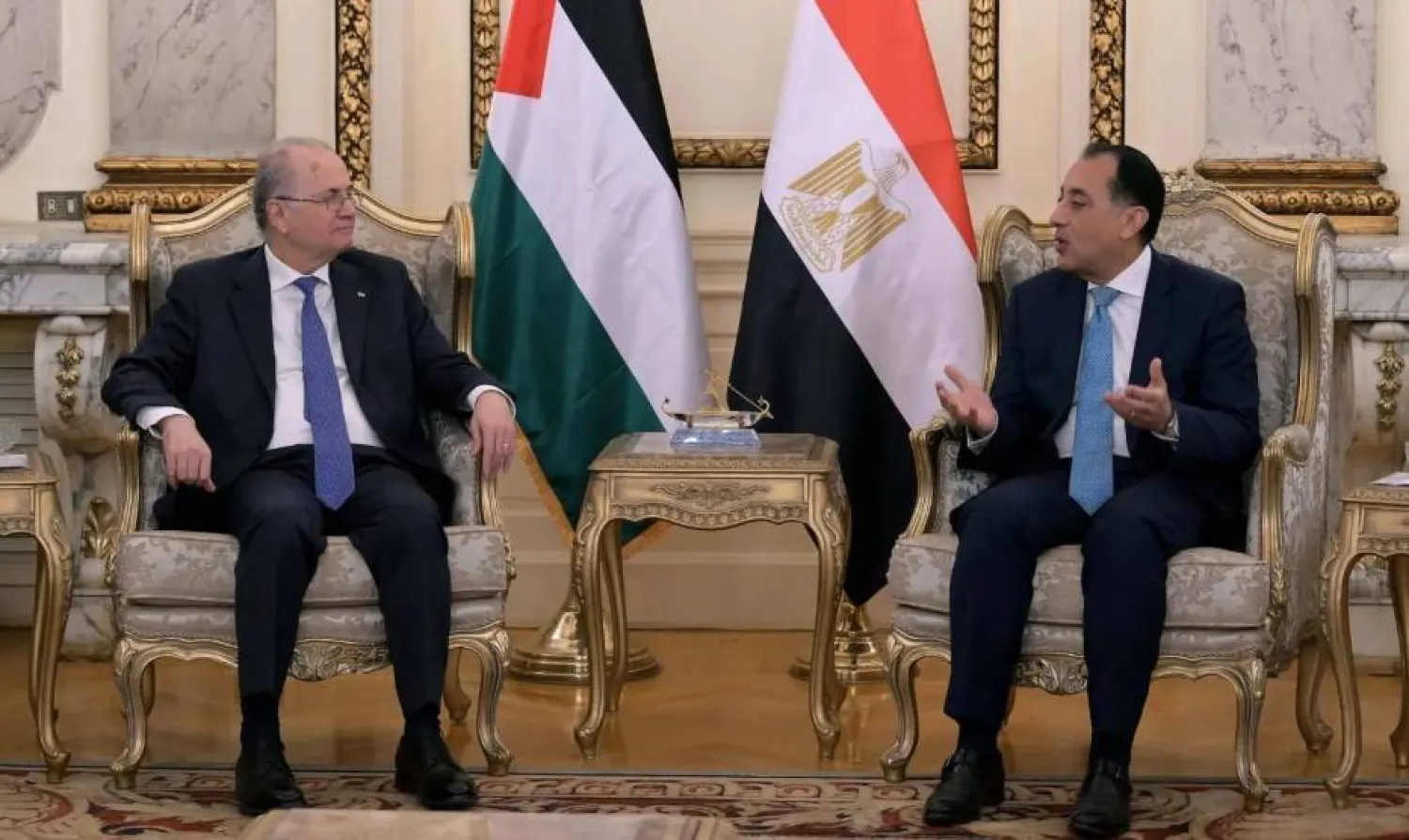 Egyptian Prime Minister Mostafa Madbouly meets with his Palestinian counterpart, Mohammad Mustafa, in Cairo on Thursday (Egyptian government)