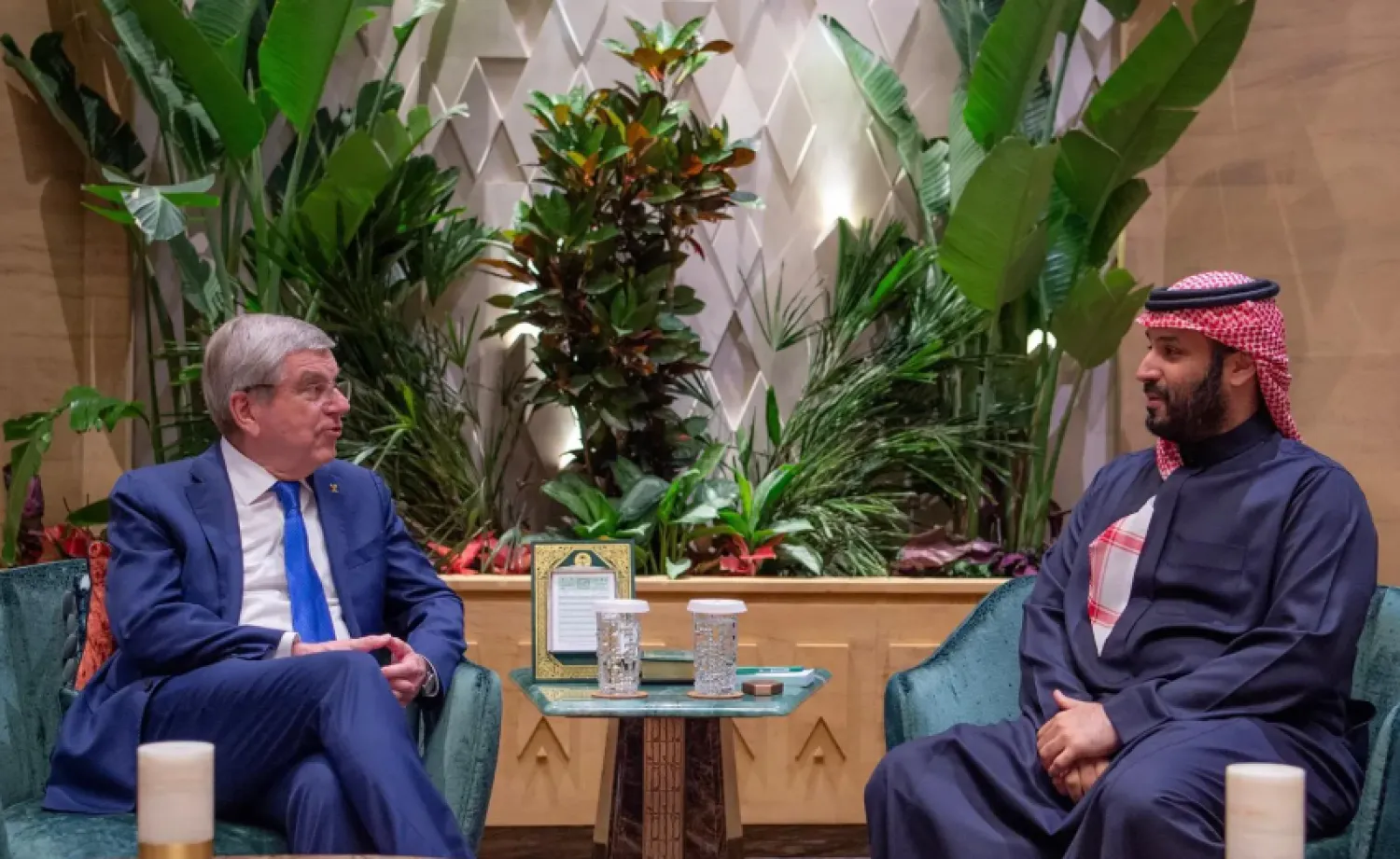Saudi Crown Prince Mohammed bin Salman bin Abdulaziz Al Saud and International Olympic Committee (President Dr. Thomas Bach at Al-Yamamah Palace - SPA