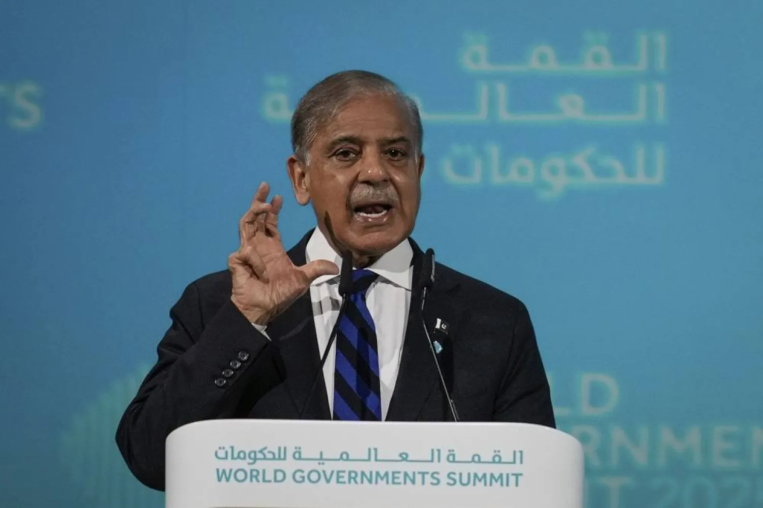Pakistan's Prime Minister Shehbaz Sharif speaks during the World Governments Summit in Dubai, United Arab Emirates, Tuesday, Feb. 11, 2025. (AP)
