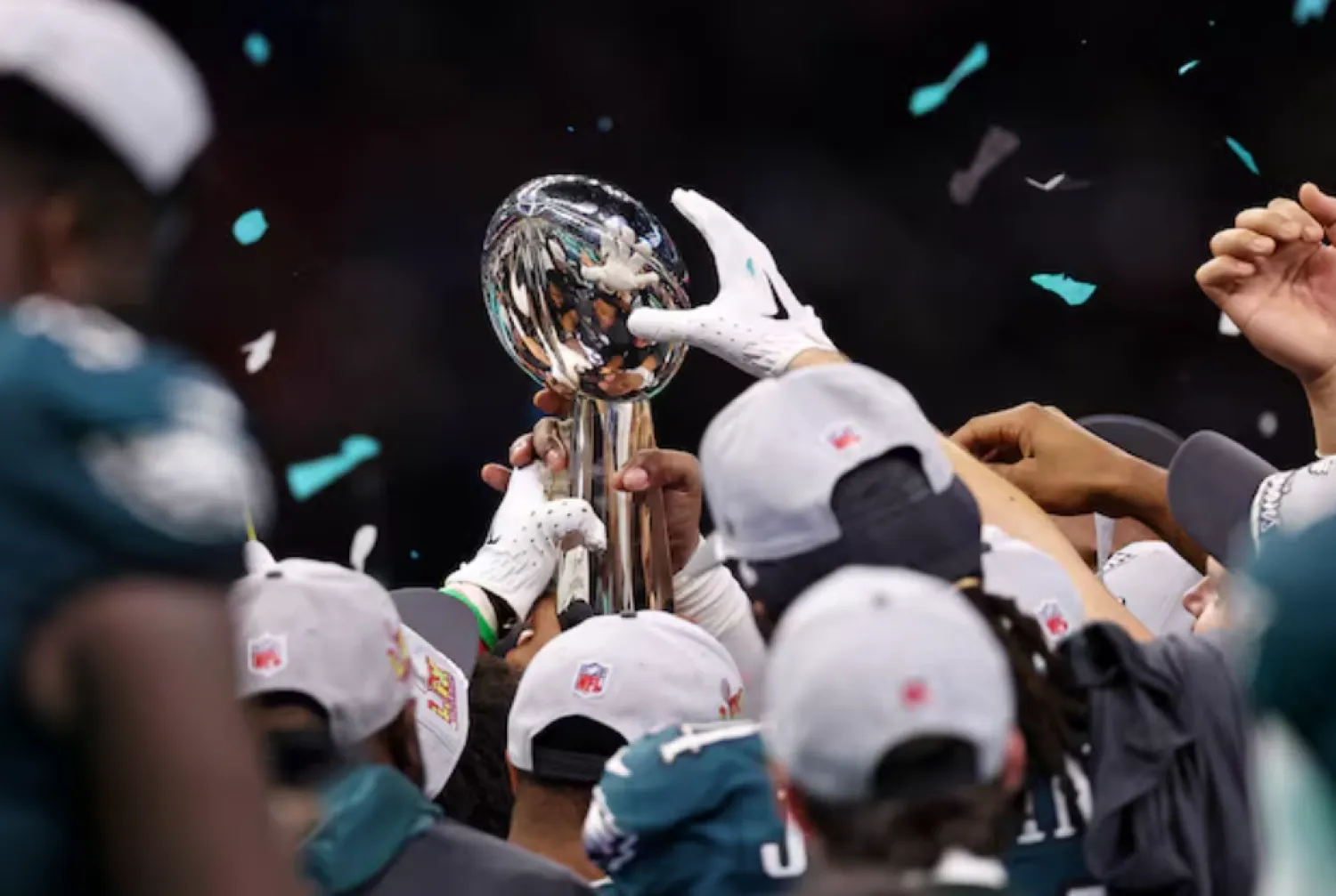 Feb 9, 2025; New Orleans, LA, USA; A detail view as the Philadelphia Eagles lift the Vince Lombardi Trophy after winning Super Bowl LIX against the Kansas City Chiefs at Caesars Superdome. Mandatory Credit: Bill Streicher-Imagn Images/File Photos- Reuters