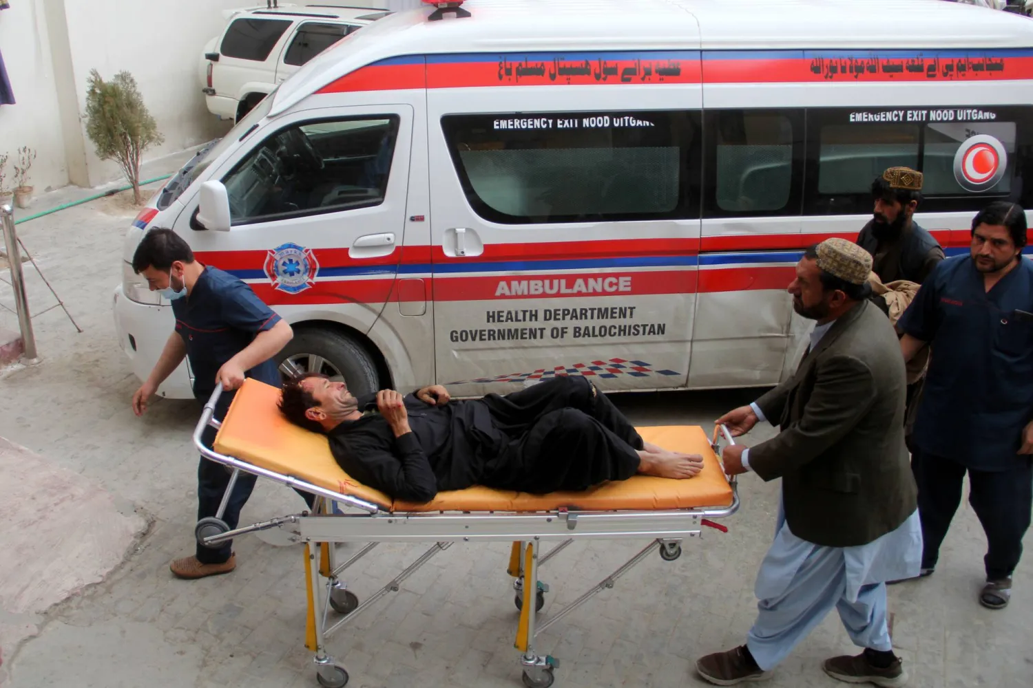 Victims are shifted to a hospital following an improvised explosive device (IED) blast in the Harnai area of Balochistan province, in Quetta, Pakistan, 14 February 2025. EPA/SAMI KHAN