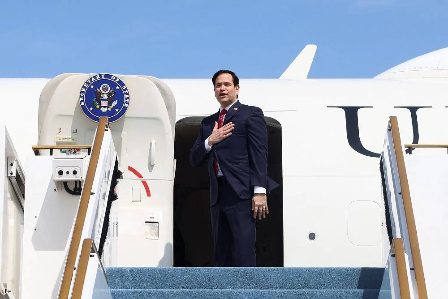 US Secretary of State Marco Rubio boards an aircraft to depart to the US, in Abu Dhabi, United Arab Emirates, February 19, 2025. (Reuters)