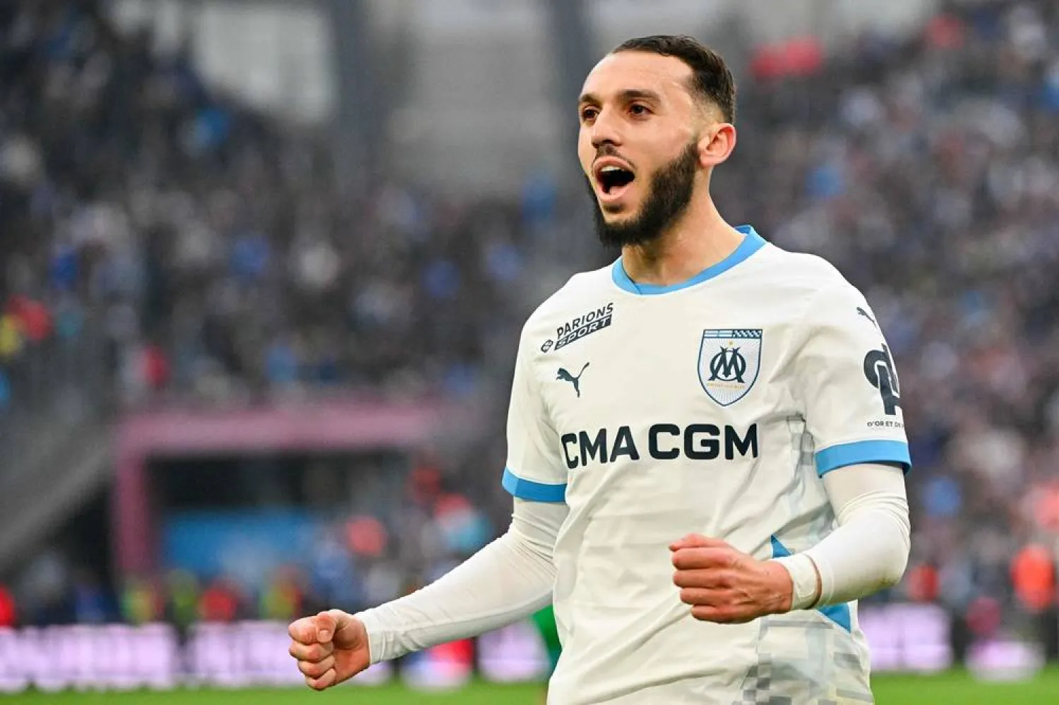 Marseille's Algerian forward #09 Amine Gouiri celebrates after he scored his team's first goal during the French L1 football match between Olympique de Marseille (OM) and AS Saint-Etienne at Stade Velodrome in Marseille, southern France on February 15,2025. (AFP) 