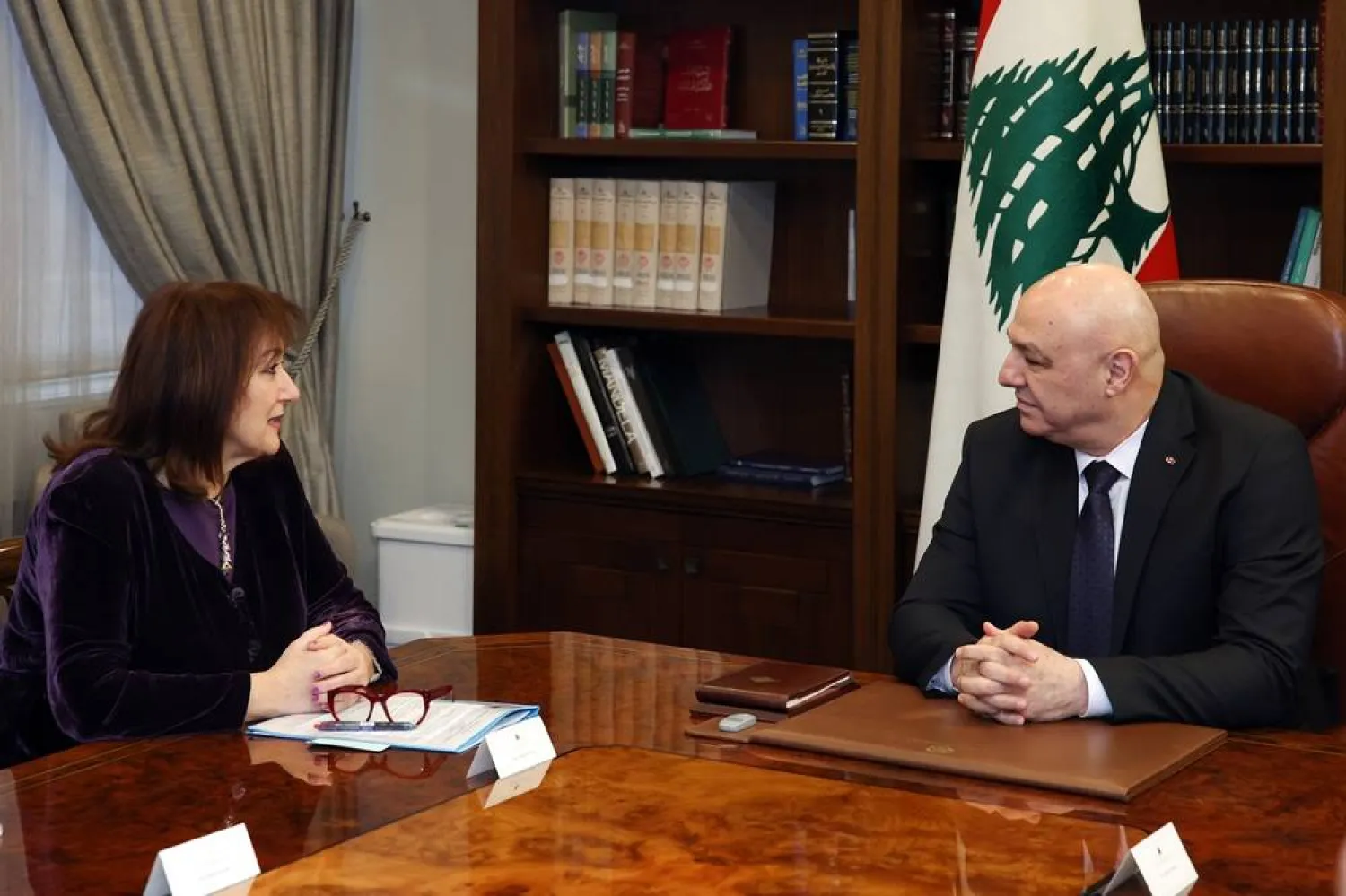 A handout photo made available by Press Office of the Lebanese Presidency shows Lebanese President Joseph Aoun (R) during a meeting with European Commissioner for the Mediterranean Dubravka Suica (L) at the presidential palace in Baabda, east of Beirut, Lebanon, 21 February 2025. (EPA/ Lebanese Presidency Press Office)  