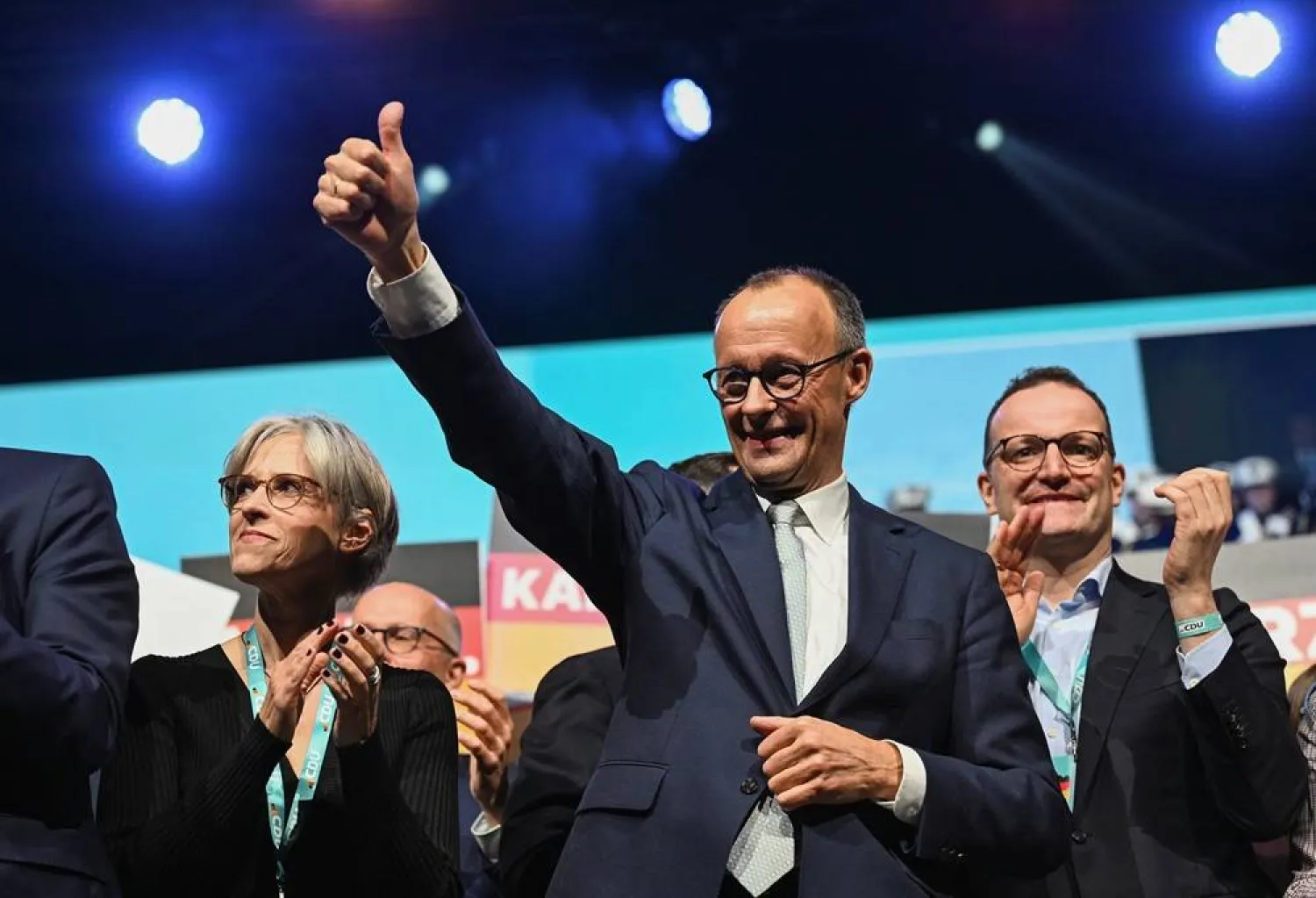  Christian Democratic Union (CDU) party candidate for chancellor Friedrich Merz gives a thumbs up during a campaign event in Oberhausen, Germany, February 21, 2025. (Reuters)
