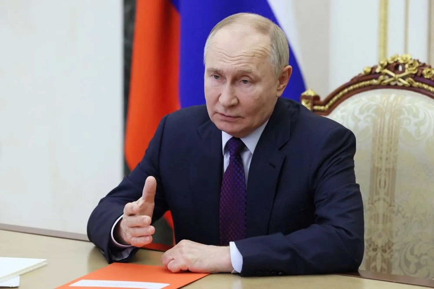 Russian President Vladimir Putin chairs a meeting with members of the Security Council via video link in Moscow, Russia February 22, 2025. (Sputnik/Mikhail Metzel/Pool via Reuters)