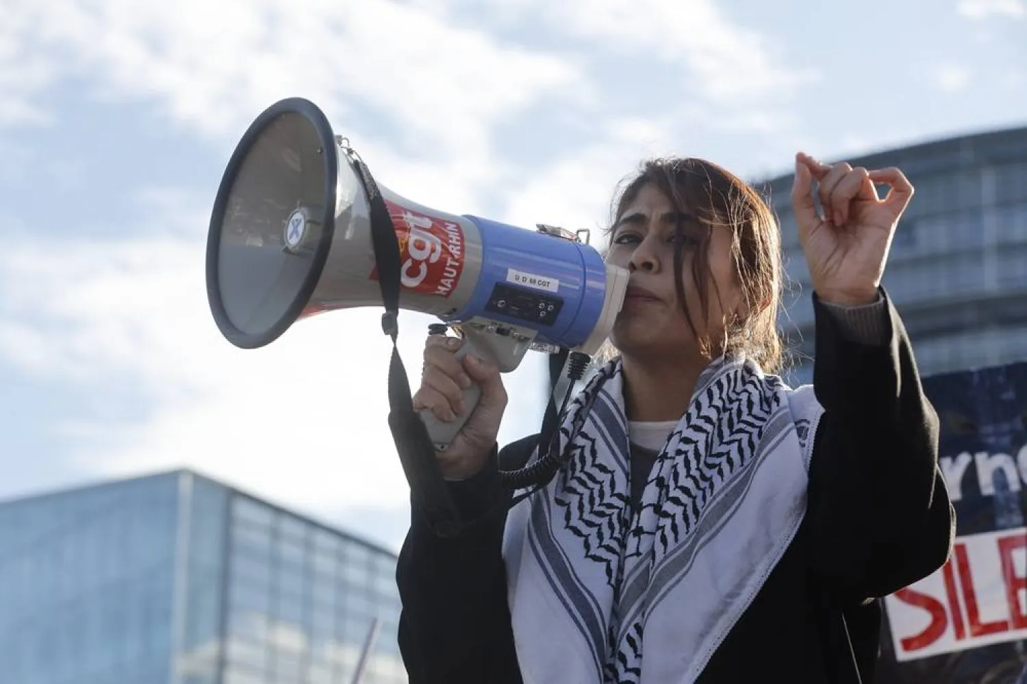 Member of European Parliament Rima Hassan speaks during a pro-Palestinian demonstration outside the European Parliament in Strasbourg, France, Wednesday, Nov. 27, 2024. (AP) 