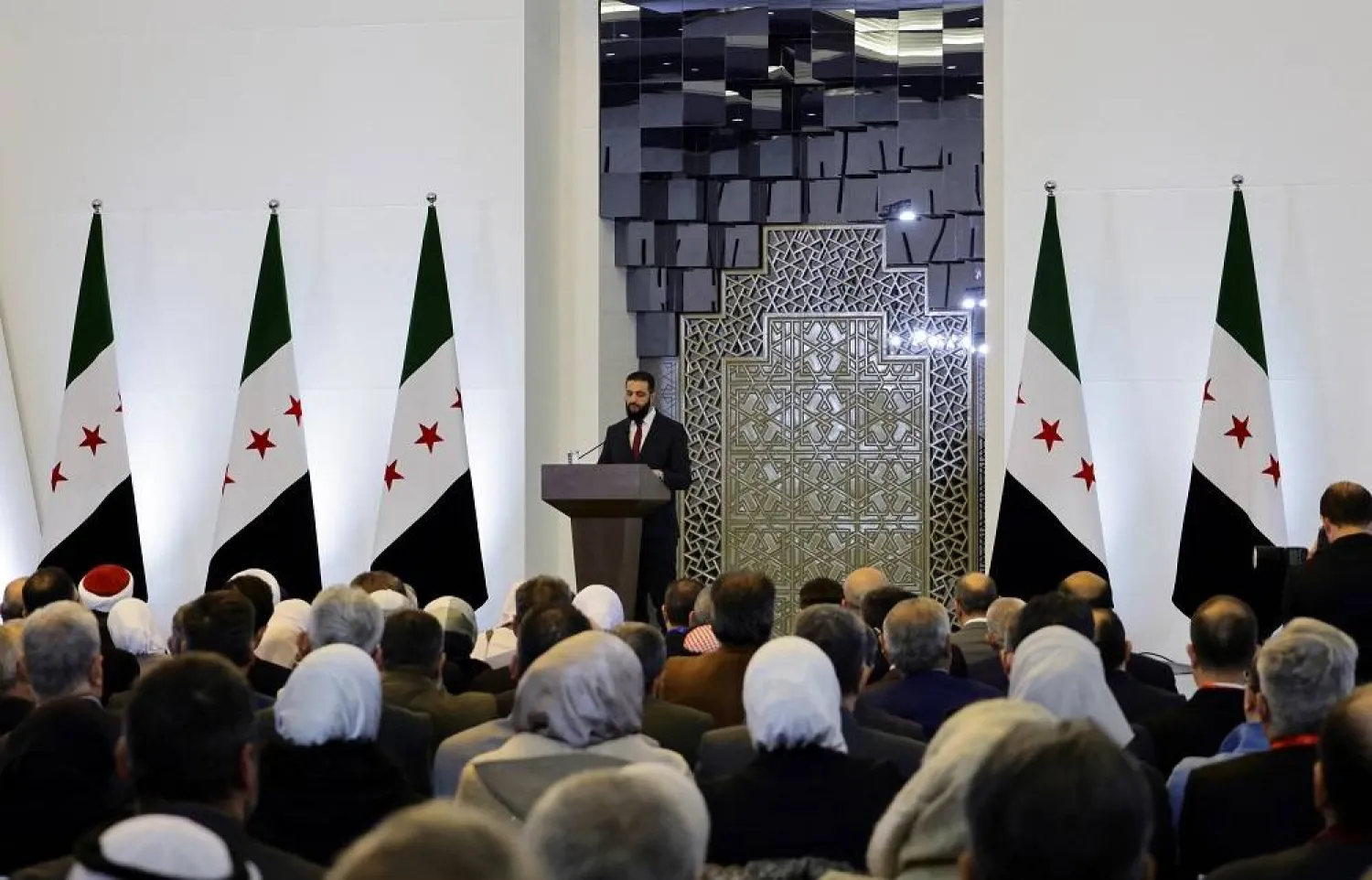 Syria's interim President Ahmed al-Sharaa speaks during a national dialogue, a key milestone in the transition to a new political system after decades of Assad rule, in Damascus, Syria February 25, 2025. (Reuters)