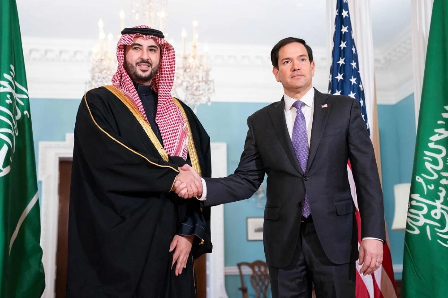 US Secretary of State Marco Rubio meets with Saudi Minister of Defense Prince Khalid bin Salman bin Abdulaziz in the Treaty Room of the US State Department in Washington, DC, on February 25, 2025. (AFP)