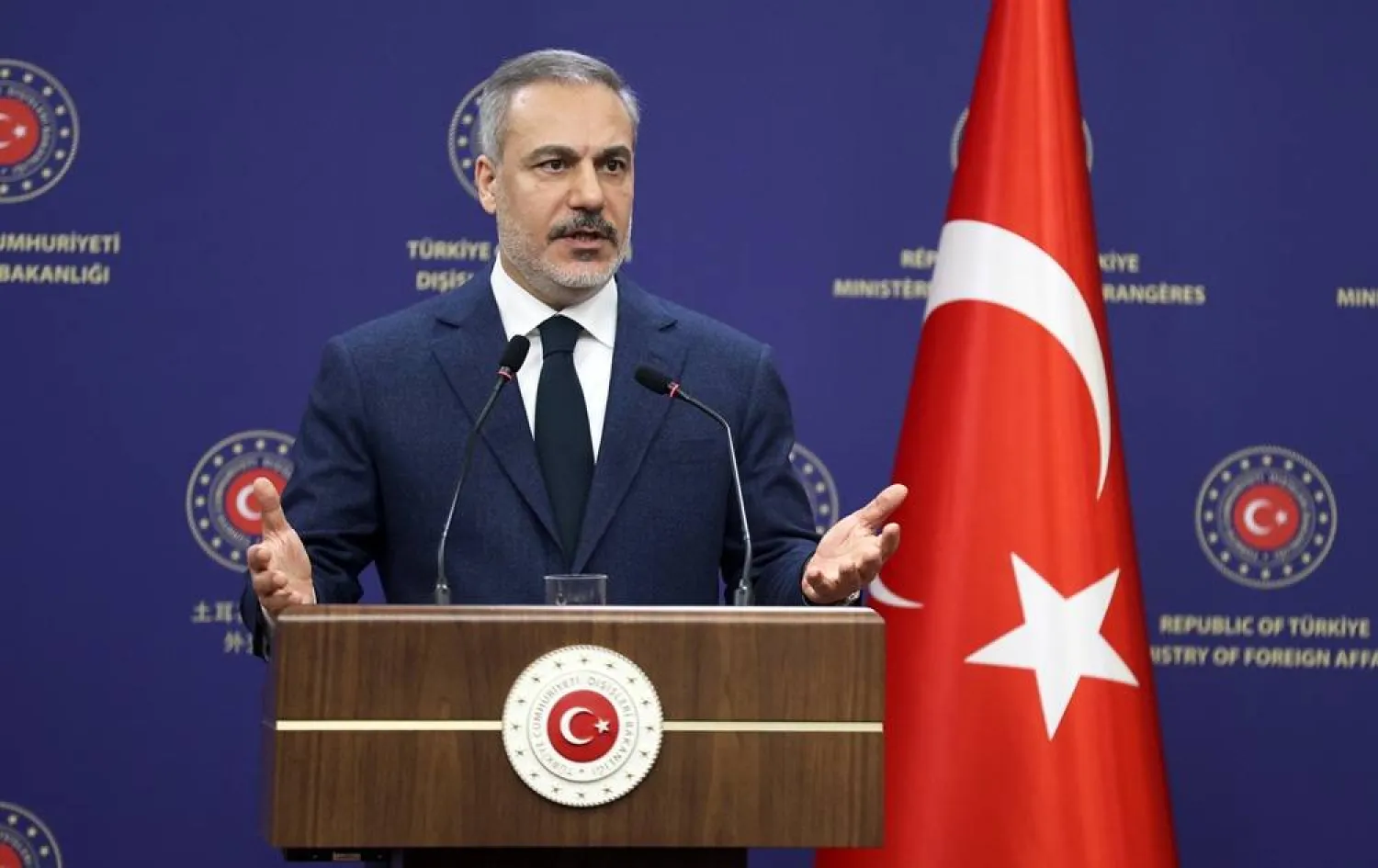 Turkish Foreign Minister Hakan Fidan attends a press conference after a meeting with Russian Foreign Minister Sergei Lavrov (not in picture) in Ankara, Türkiye, 24 February 2025. (EPA) 
