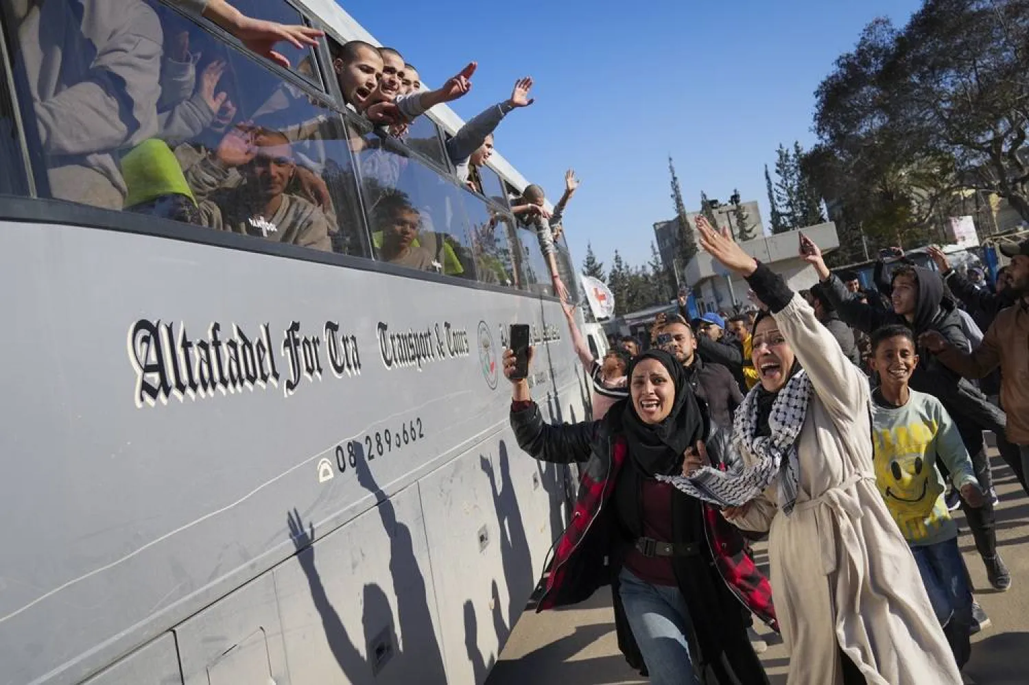 Freed Palestinian detainees are greeted after being released from an Israeli prison following a ceasefire agreement between Hamas and Israel in Khan Younis, Gaza Strip, Thursday, Feb. 27, 2025. (AP) 