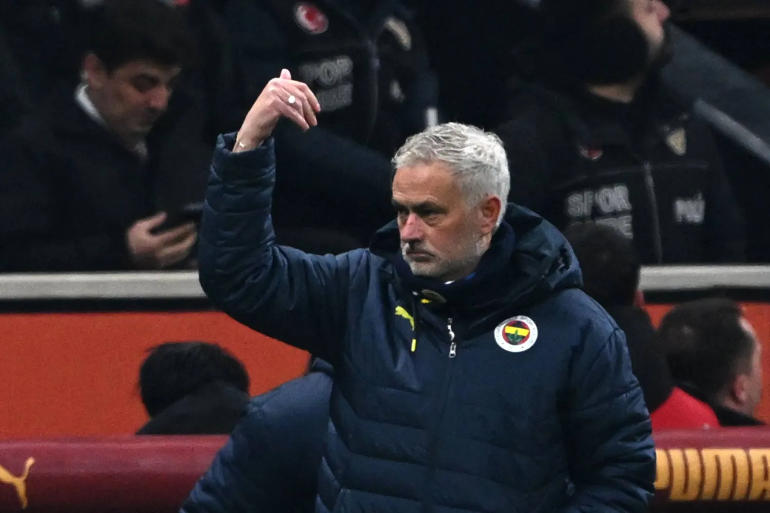 Fenerbahce's Portoguese head coach Jose Mourinho gestures during the Turkish Super lig football match between Galatasaray and Fenerbahceat at the Ali Samiyen Sport Complext stadium in Istanbul, on February 24, 2025. (Photo by Ozan KOSE / AFP)