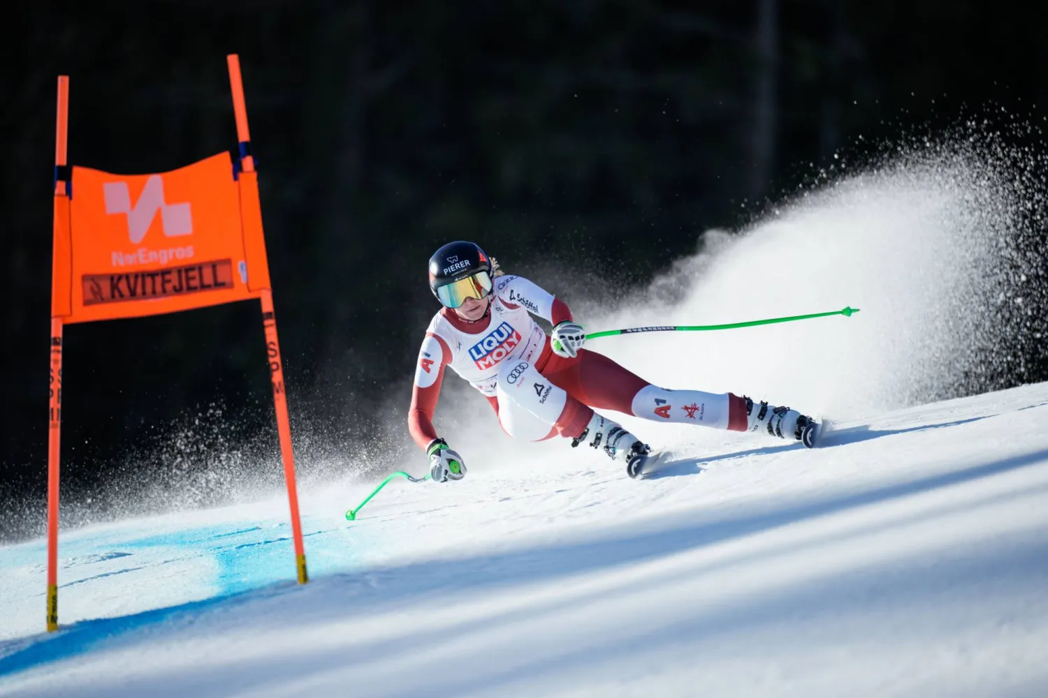Cornelia Huetter of Austria in action during the Women's Downhill at the FIS Nordic World Ski Championships in Trondheim, Norway, 28 February 2025. EPA/Stian Lysberg Solum