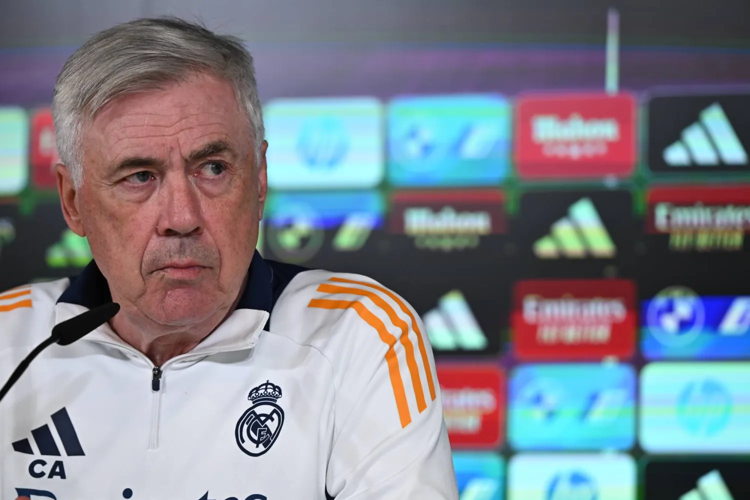 Real Madrid head coach Carlo Ancelotti attends a press conference after a training session of the team in Madrid, Spain, 28 February 2025, on the eve of their LaLiga match against Betis. EPA/FERNANDO VILLAR