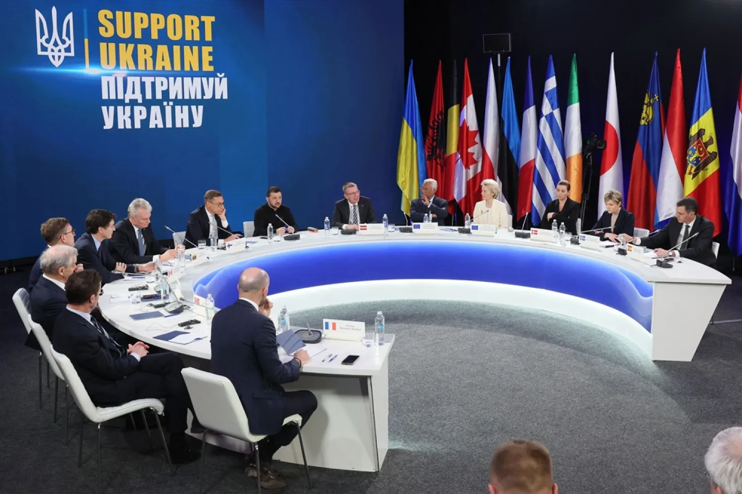 (From L at table) France's Minister for Europe and Foreign Affairs Jean-Noel Barrot, Sweden's Prime Minister Ulf Kristersson, Norway's Prime Minister Jonas Gahr Stoere, Estonia's Prime Minister Kristen Michal, Canada's Prime Minister Justin Trudeau, Lithuania's President Gitanas Nauseda, Finland's President Alexander Stubb, Ukrainian President Volodymyr Zelenskiy, Latvia's President Edgars Rinkevics, European Council President Antonio Costa, European Commission President Ursula von der Leyen, Denmark's Prime Minister Mette Frederiksen, Minister Kristrun Frostadottir and Spain's Prime Minister Pedro Sanchez, attend a press conference after the “Support Ukraine” summit, marking the third anniversary of the Russian invasion, in Kyiv, Ukraine, on February 24, 2025. (AFP) 