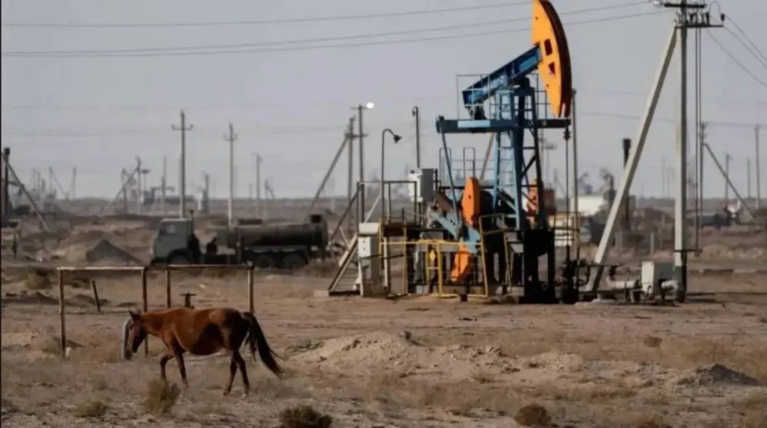 حصان يرعى بالقرب من منصة حفر نفطية في كازاخستان (رويترز)