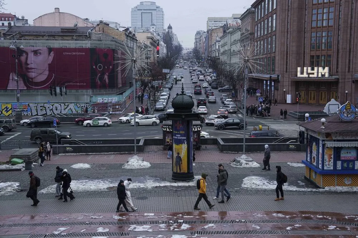 People walk on Khreschatyk street in Kyiv, Ukraine, Saturday, March 1, 2025. (AP)