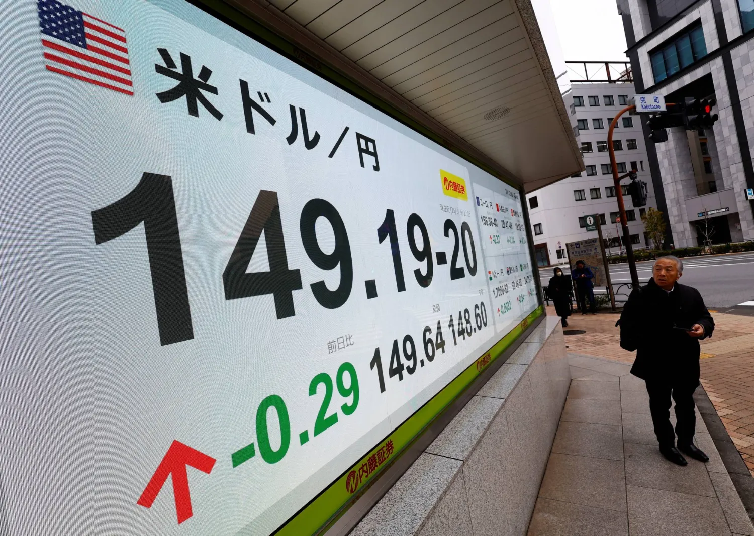 رجل يسير أمام لوحة إلكترونية تعرض سعر الين مقابل العملات الأخرى في وسط العاصمة اليابانية طوكيو (رويترز)