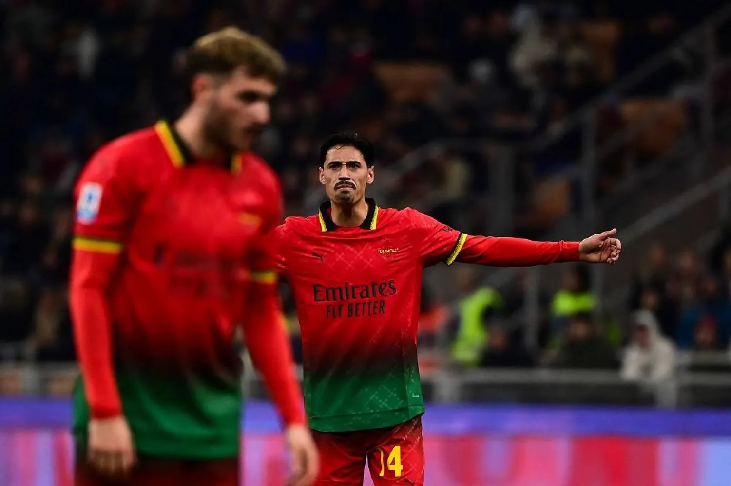 AC Milan's Dutch midfielder #14 Tijani Reijnders reacts during the Italian Serie A football match between AC Milan and S.S Lazio at San Siro stadium in Milan, on March 2, 2025. (AFP)