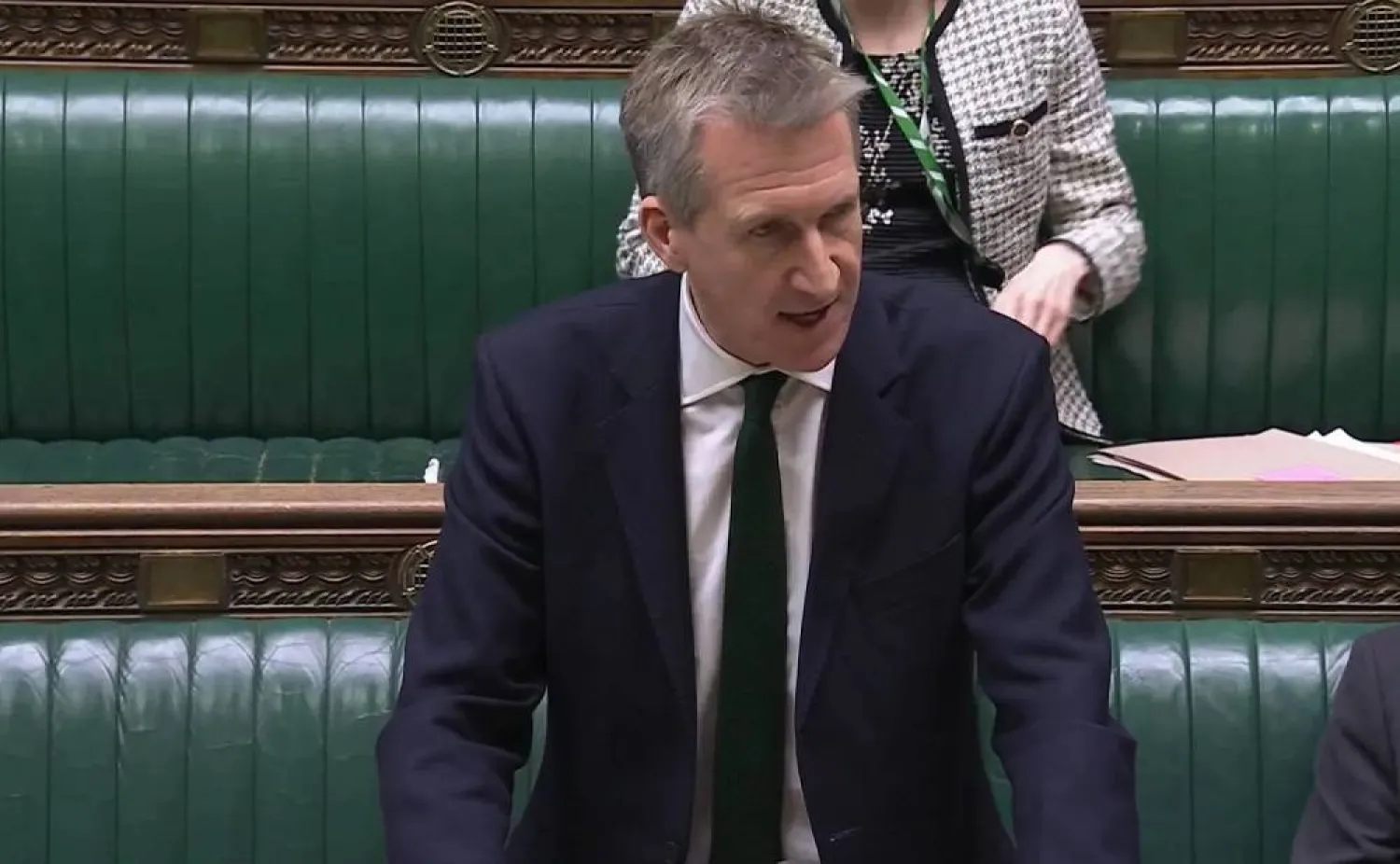 A still from a video shows UK Security Minister Dan Jarvis testifying about Iran on Tuesday. (British Parliament) 