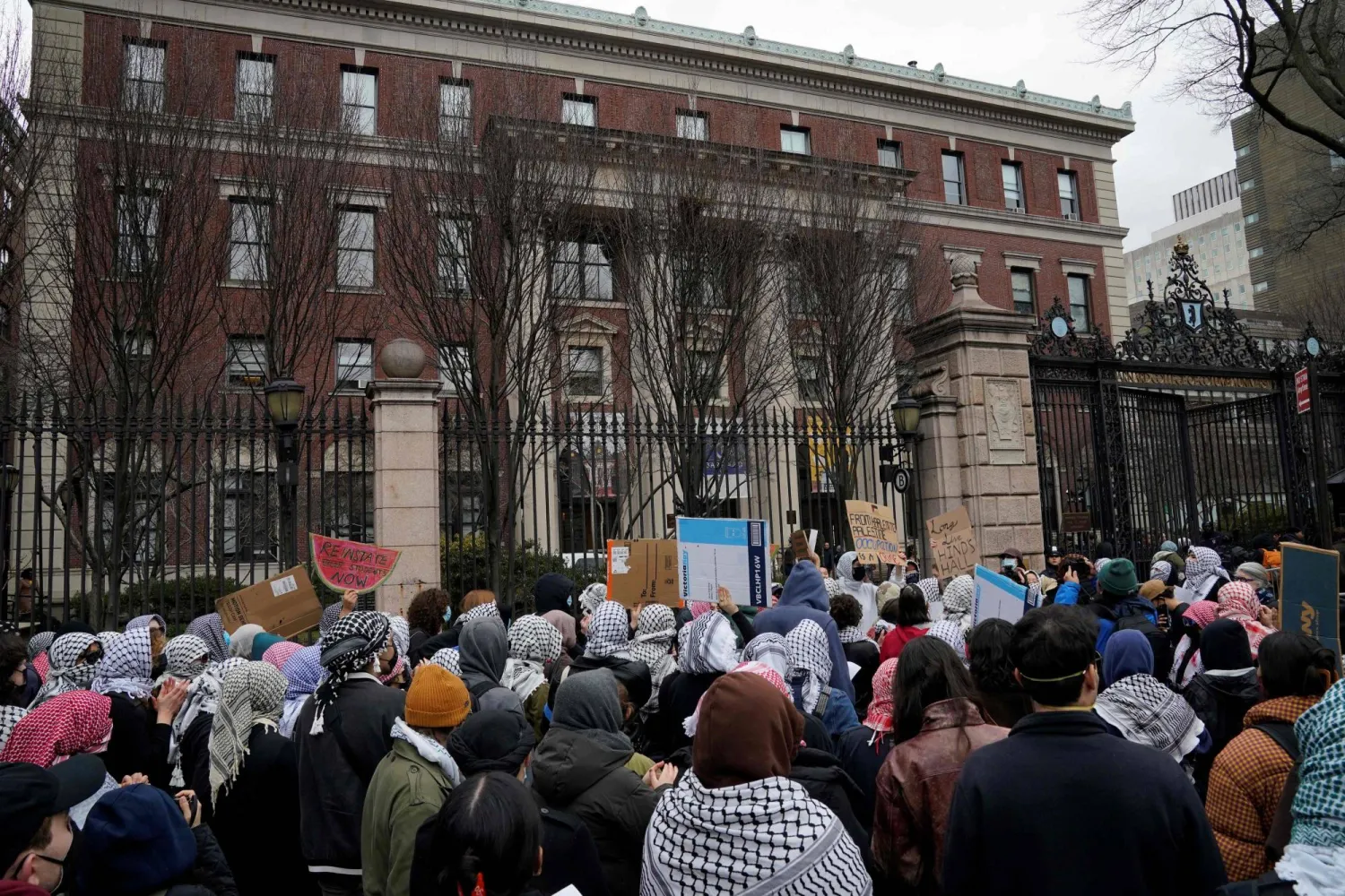 Pro-Palestinian student protesters demonstrate outside Barnard College in New York on February 27, 2025. (Photo by TIMOTHY A. CLARY / AFP)