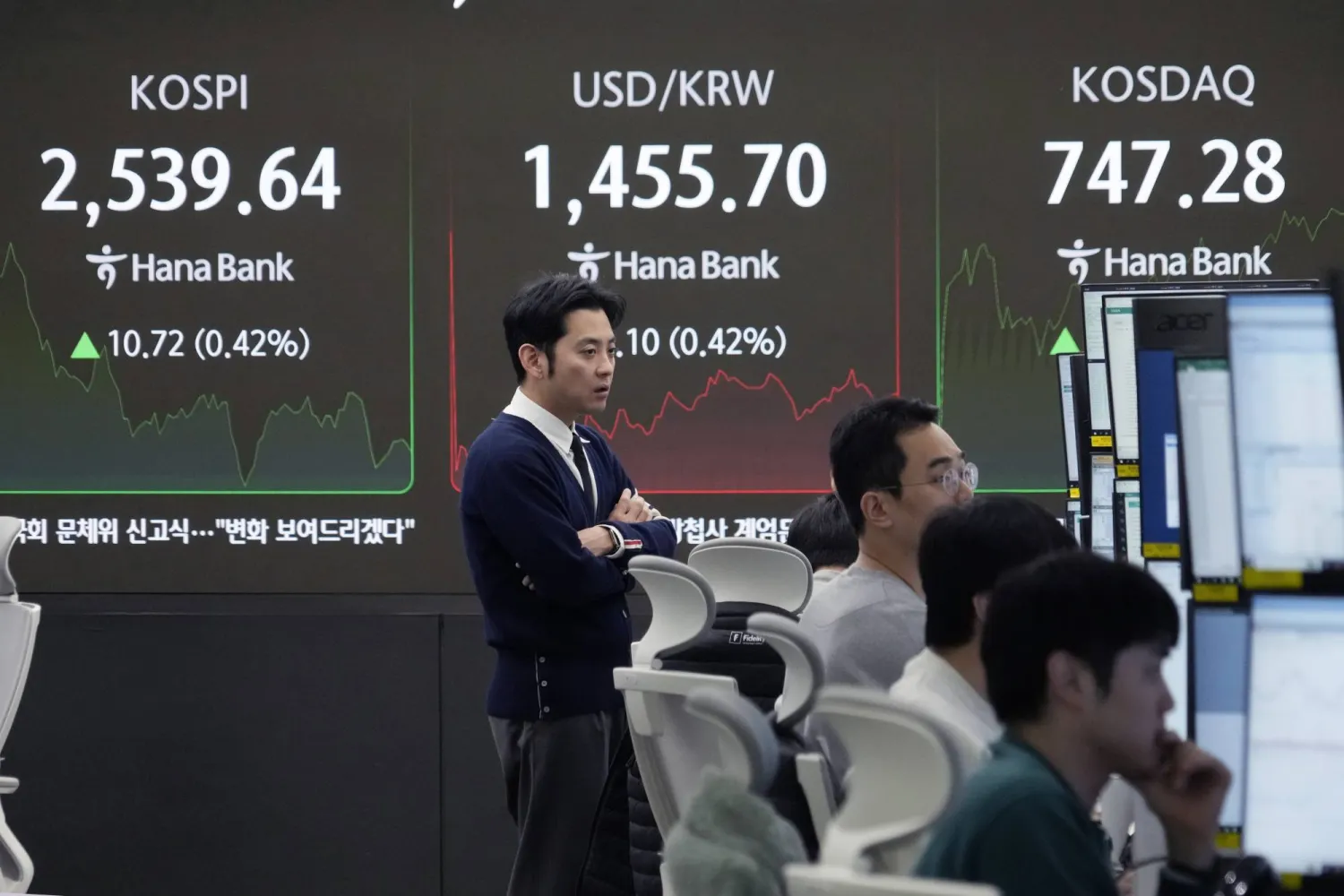 متداولون في بنك «هانا» في سيول (أ.ب)