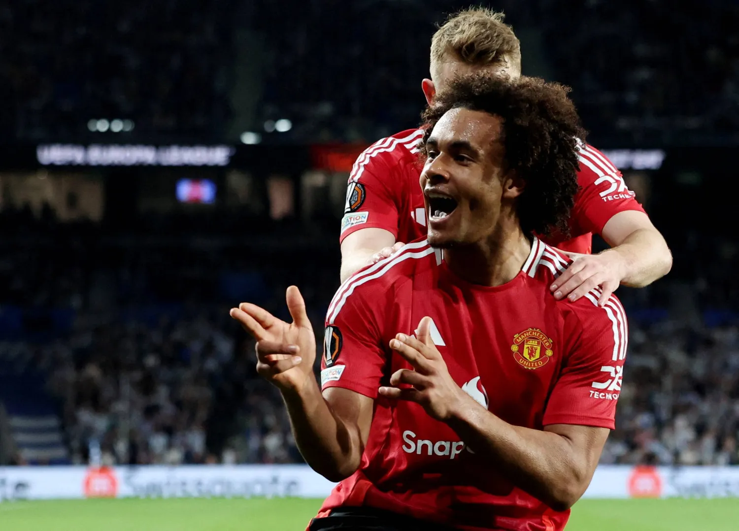 Soccer Football - Europa League - Round of 16 - First Leg - Real Sociedad v Manchester United - Reale Arena, San Sebastian, Spain - March 6, 2025 Manchester United's Joshua Zirkzee celebrates scoring their first goal REUTERS/Vincent West
