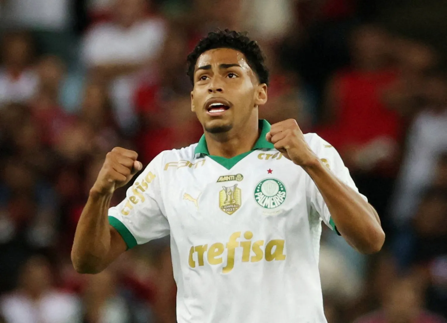 Soccer Football - Brasileiro Championship - Flamengo v Palmeiras - Estadio Maracana, Rio de Janeiro, Brazil - August 11, 2024  Palmeiras' Luighi Hanri celebrates scoring their first goal REUTERS/Sergio Moraes