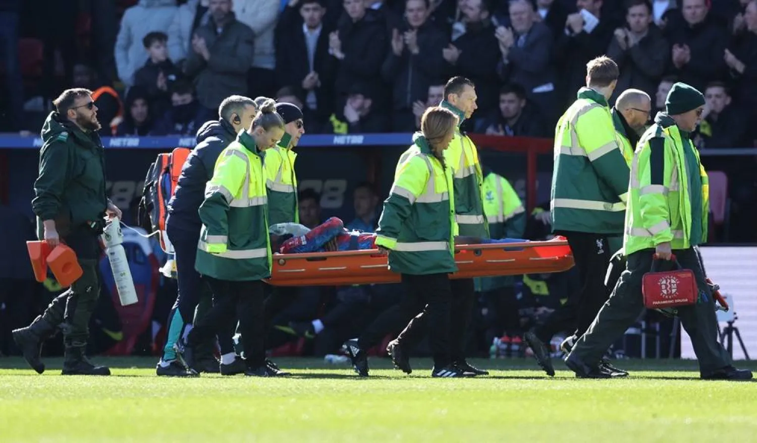 Football - FA Cup - Fifth Round - Crystal Palace v Millwall - Selhurst Park, London, Britain - March 1, 2025 Crystal Palace's Jean-Philippe Mateta is carried away in a stretcher after sustaining an injury. (Reuters)  