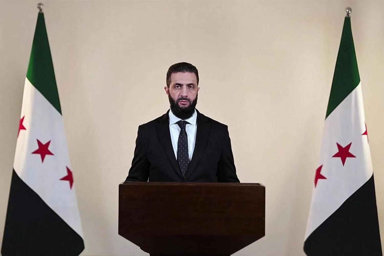This grab from a handout video statement released by the Syrian Presidency shows Syria's interim president Ahmed al-Sharaa speaking in Damascus on March 9, 2025. (Syrian Presidency / AFP) 