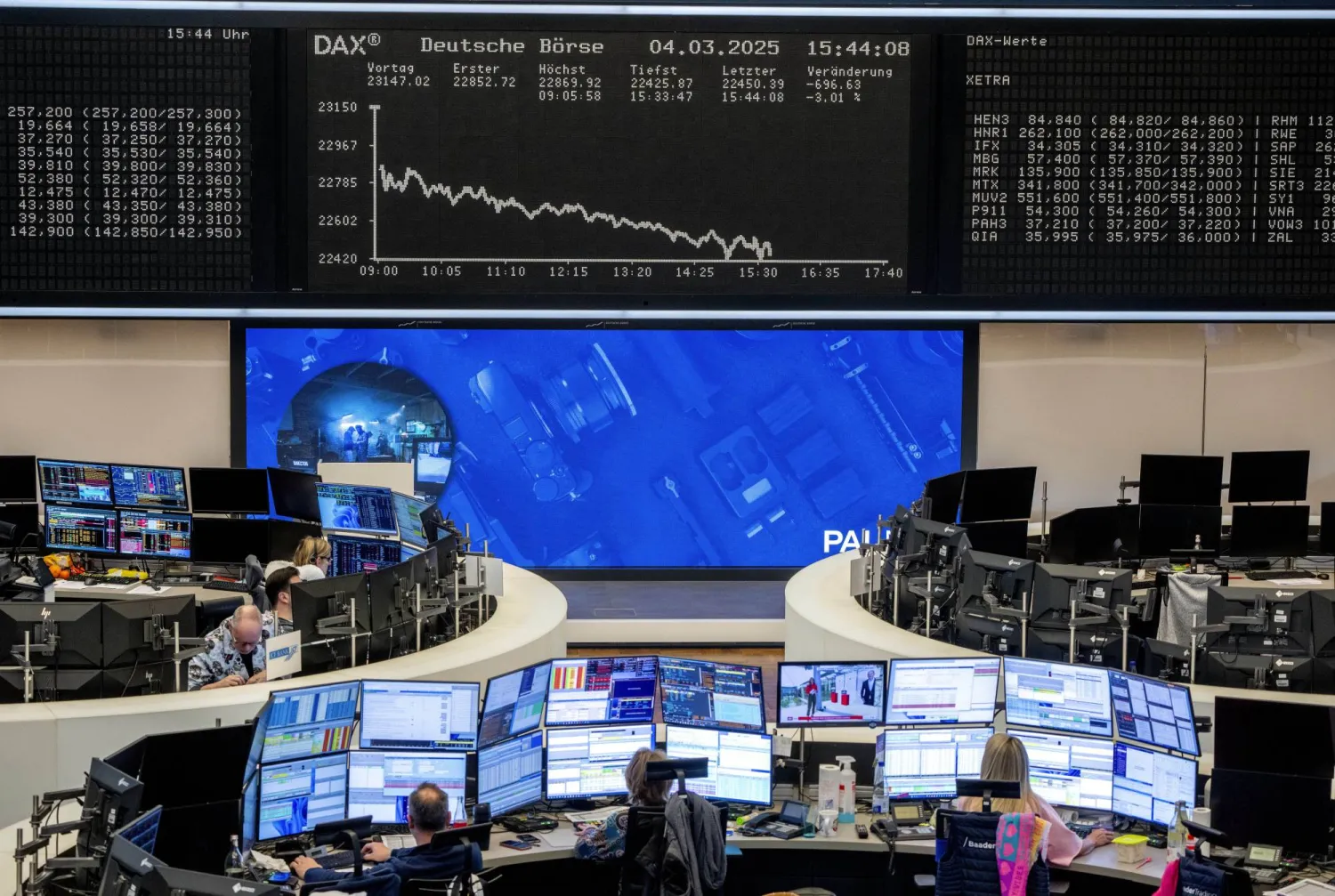متداولون يشاهدون شاشاتهم في سوق الأوراق المالية بفرنكفورت (أ.ب)