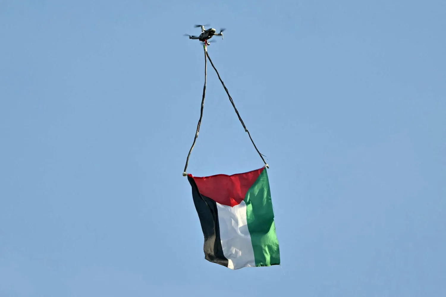 طائرة مُسيَّرة تحمل علم فلسطين تحلق فوق ملعب «أليانز» جنوب غربي لندن (أ.ف.ب)