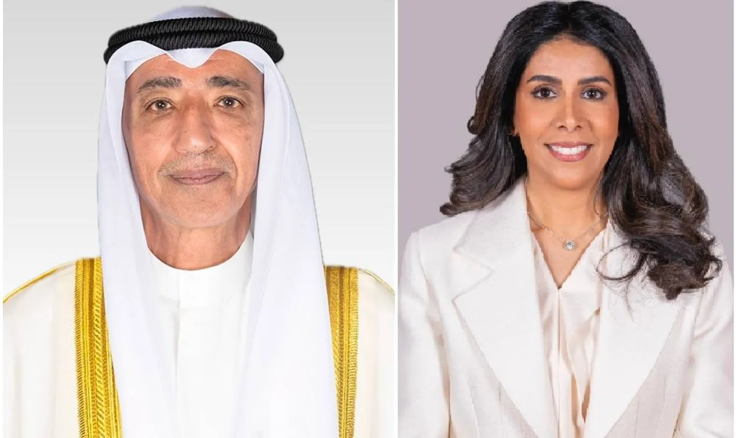 وزير الكهرباء والماء والطاقة المتجددة (المستقيل) محمود بوشهري والوزيرة نورة المشعان التي تولت وزارة الكهرباء بالإضافة إلى عملها وزيرة الأشغال العامة (كونا)