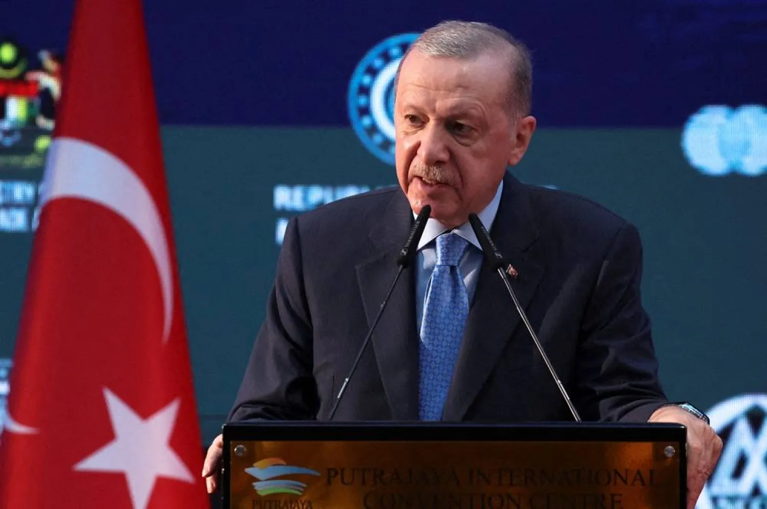Turkish President Recep Tayyip Erdogan speaks at the Malaysia-Türkiye Business Forum during his working visit to Malaysia, in Putrajaya, Malaysia, February 11, 2025. (Reuters)