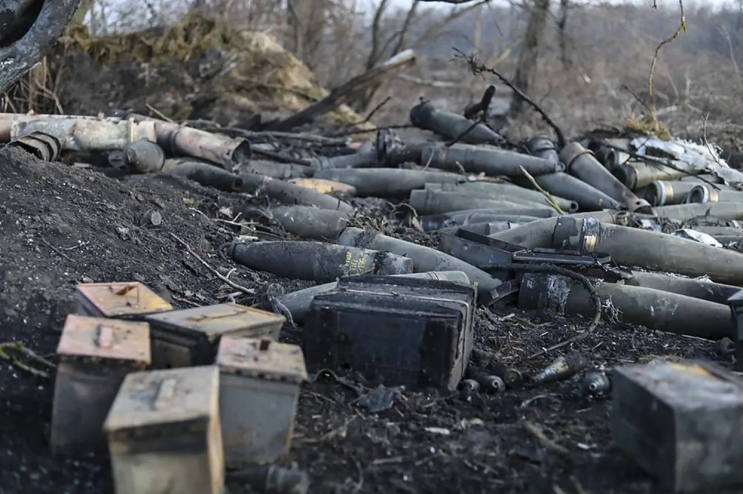 A handout photo made available by the Russian Defense Ministry's press service shows abandoned Ukrainian ammunition at a position in the Kursk region, Russia, 14 March 2025. (EPA/ Russian Defense Ministry Press Service Handout) 