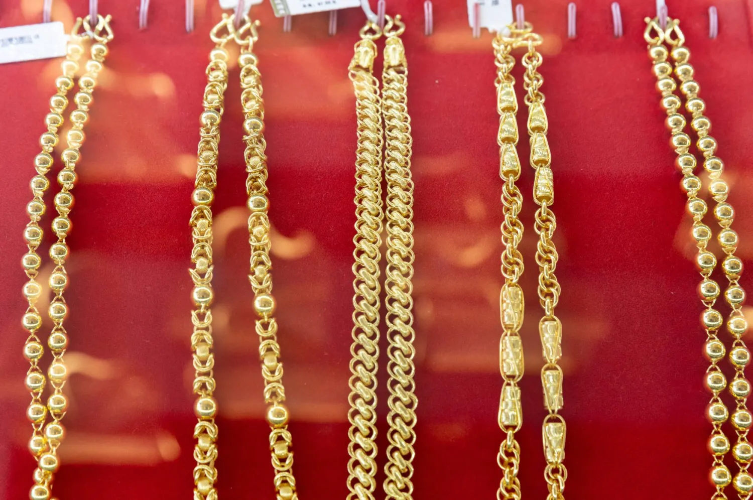 Gold necklaces on display at a jewelry store in Beijing, China, 19 March 2025. EPA/JESSICA LEE