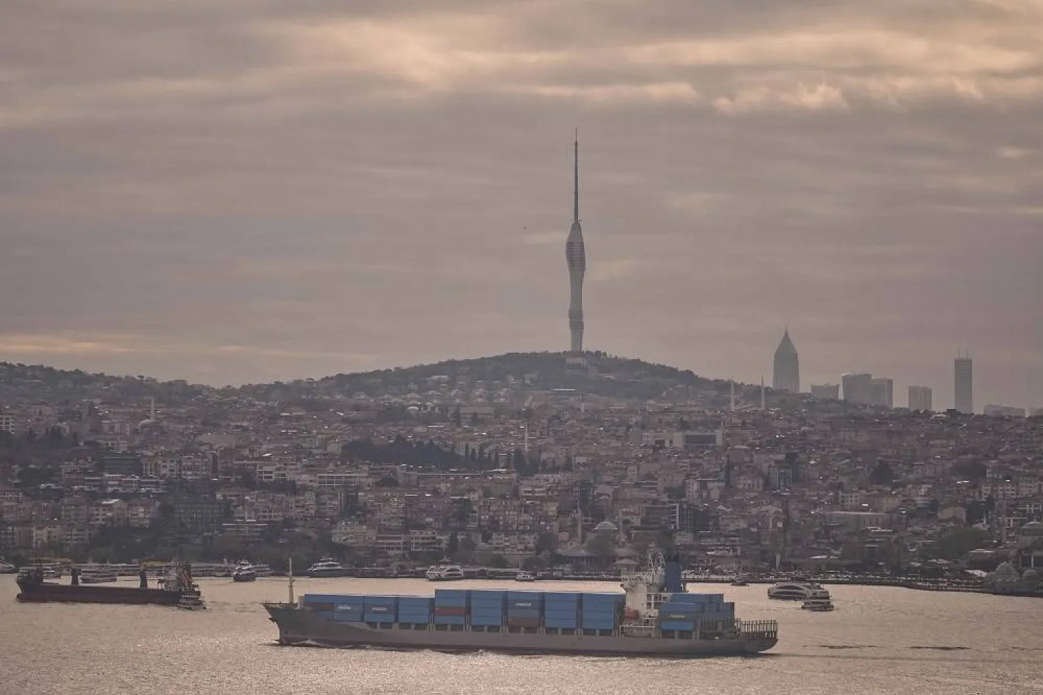 Containers ship Hornise sails across the Bosphorus strait, on its way from China's Jingtang port to Russia's Novorossiysk port, in Istanbul, Türkiye, Tuesday, April 8, 2025. (AP) 