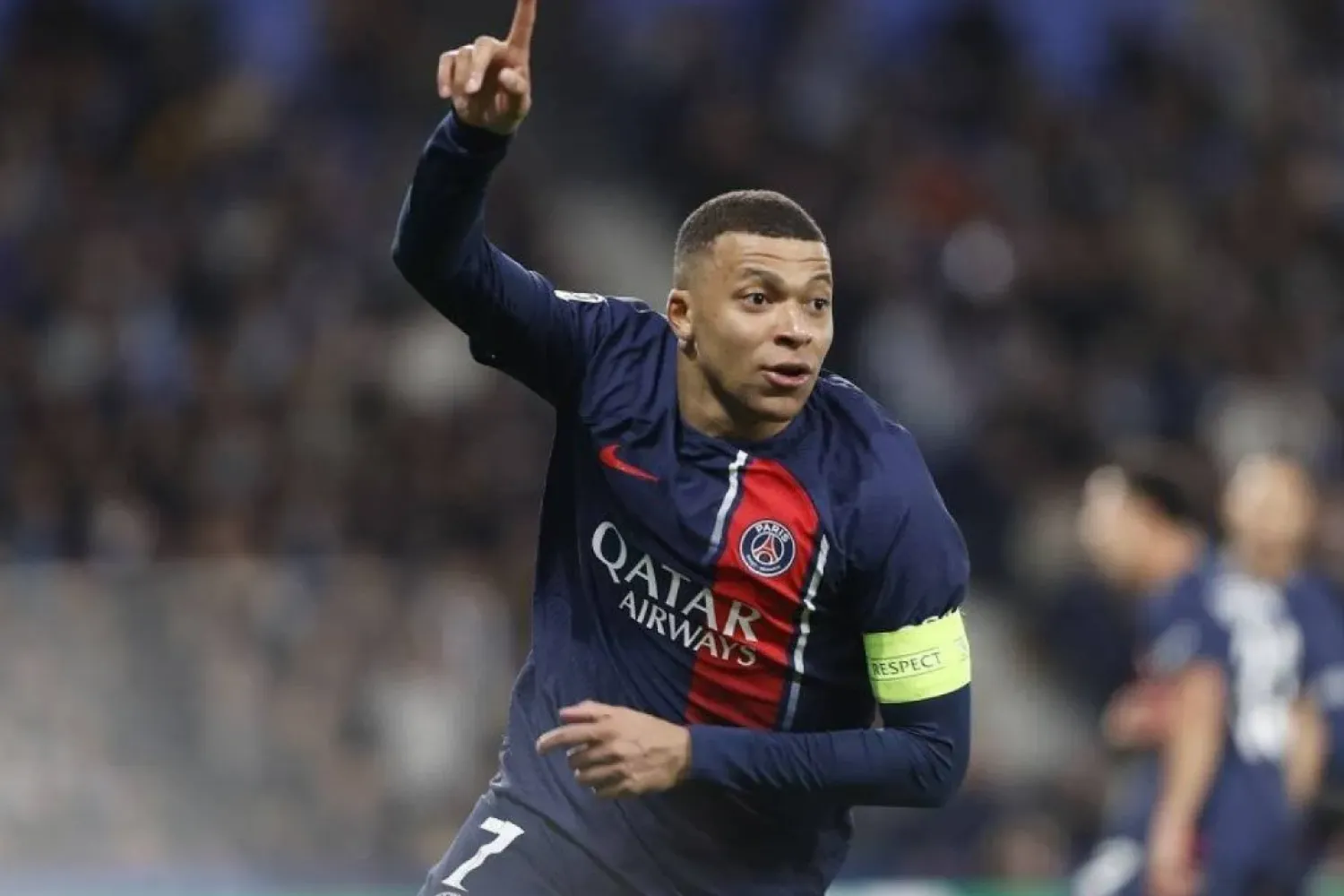 Kylian Mbappé of PSG celebrates after scoring the 0-2 goal during the UEFA Champions League Round of 16, 2nd leg soccer match between Real Sociedad and Paris Saint-Germain, in San Sebastian, Spain, 05 March 2024. (EPA)