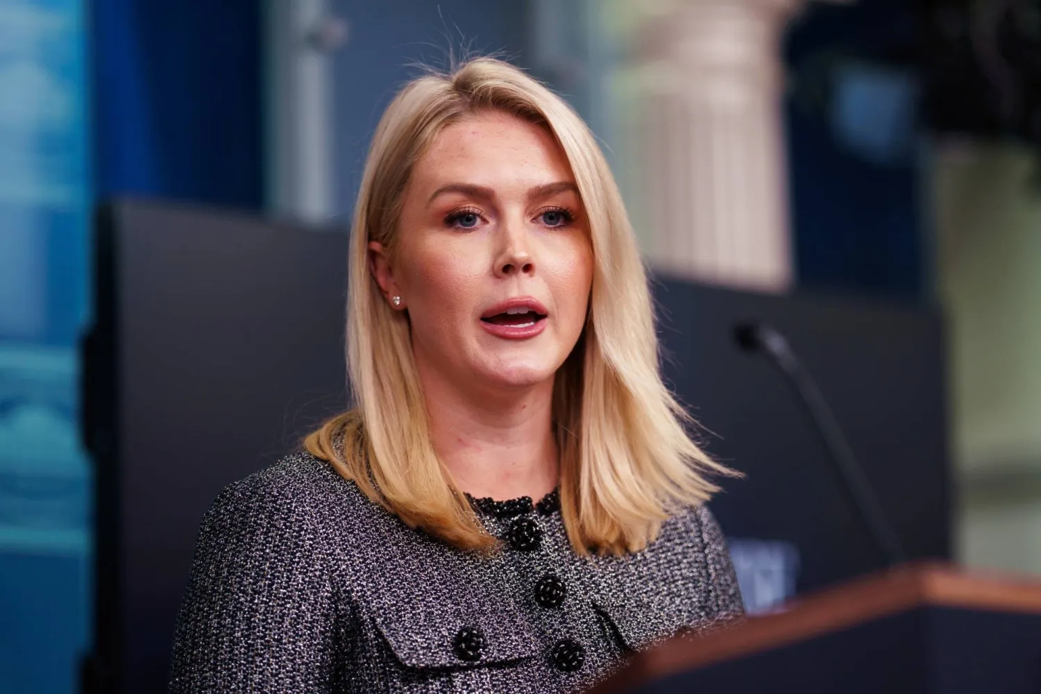 كارولاين ليفيت في تصريح للصحافيين من البيت الأبيض (إ.ب.أ)