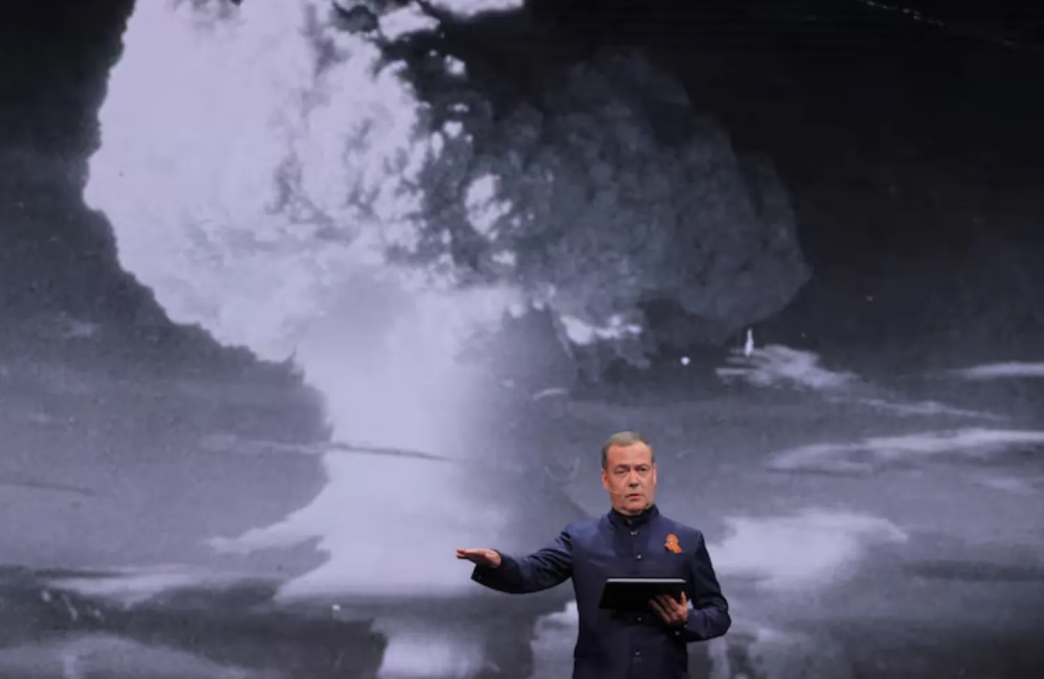 Deputy head of Russia's Security Council Dmitry Medvedev delivers a speech during a session of the educational marathon "Knowledge. First" in Moscow, Russia, April 29, 2025. Sputnik/Yekaterina Shtukina/Pool via REUTERS/File Photo 