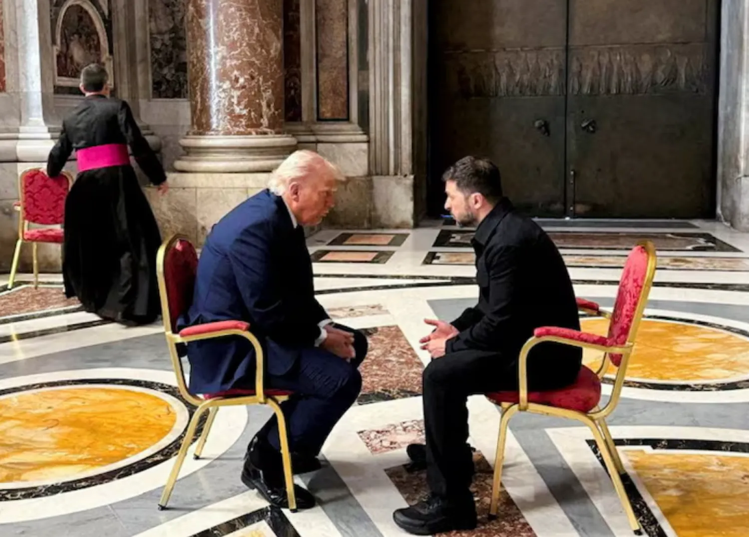 Ukraine's President Volodymyr Zelenskiy and US President Donald Trump meet, while they attend the funeral of Pope Francis, at the Vatican April 26, 2025. Ukrainian Presidential Press Service/Handout via REUTERS/File Photo 