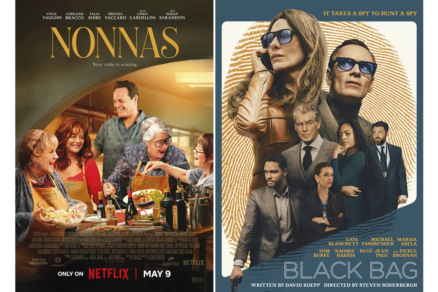 مجموعة من الصور تظهر فناً ترويجياً لفيلمي «Nonnas» و«Black Bag» (أ.ب)