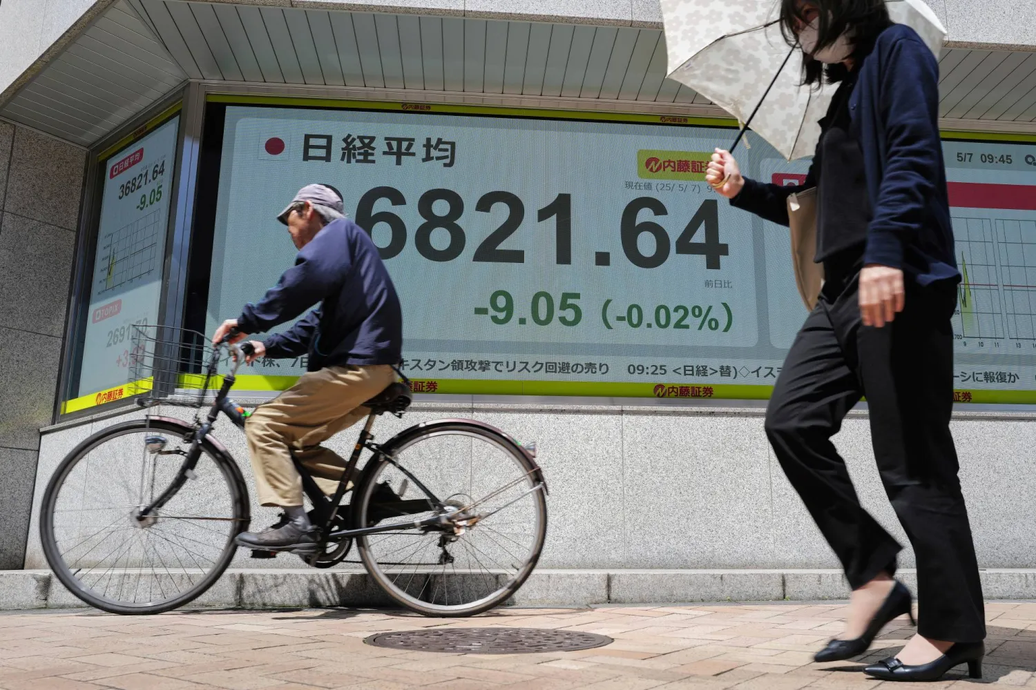 يابانيون يمرون أمام شاشة تعرض حركة الأسهم وسط العاصمة طوكيو (أ.ب)